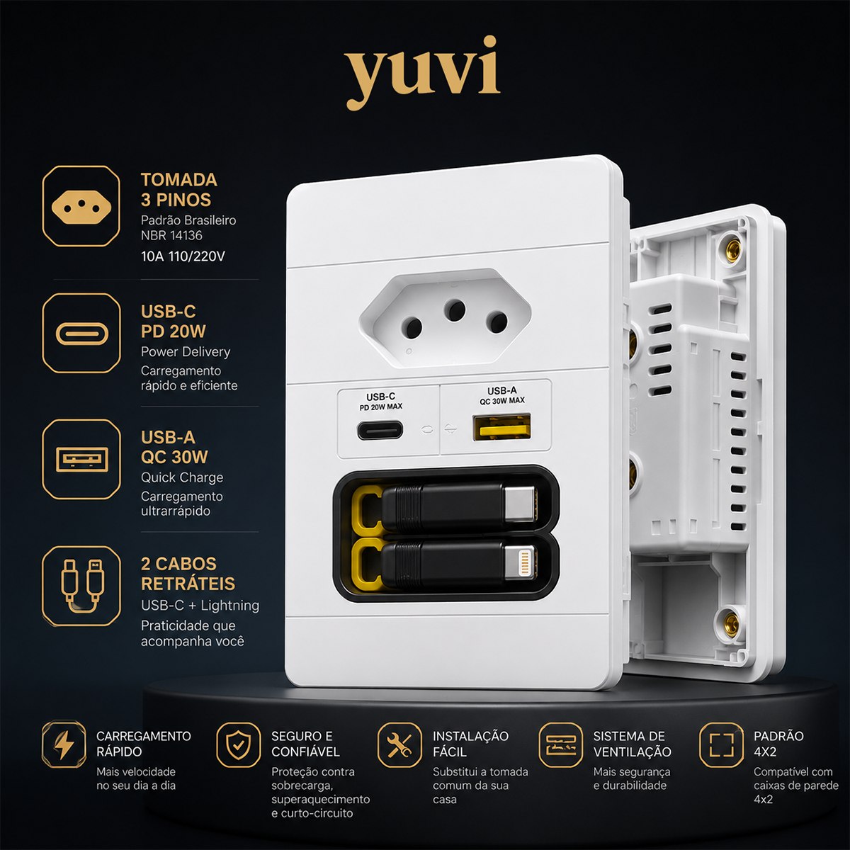 PowerWall Pro™  4 em 1 – Tomada Inteligente com Carregamento Rápido